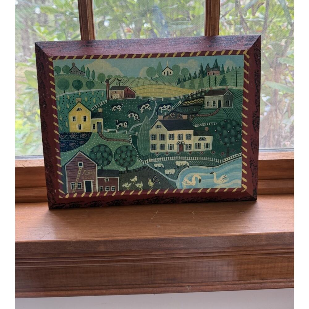 WENDY PRESSEISE Signed Folk Art Vintage Farmhouse Wood Panel Painting Cow